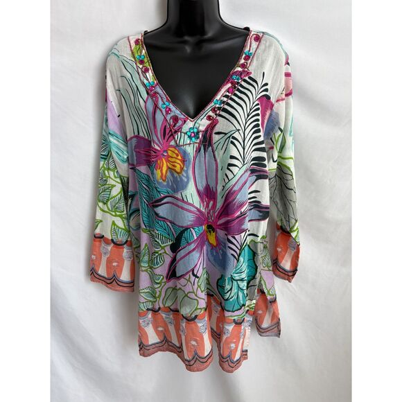 India Boutique Multicolor Embroidered Floral Tunic One Size Jeweled Tropical - Picture 1 of 10